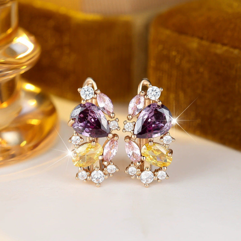 Geometric Clip Earrings For Women In Champagne Featuring Copper Studs And Zircon Inlay