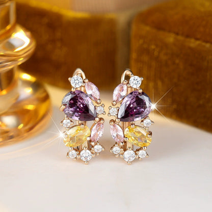 Geometric Clip Earrings For Women In Champagne Featuring Copper Studs And Zircon Inlay