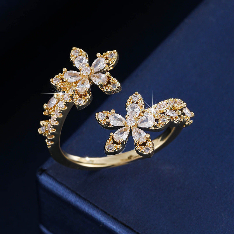 Elegant Flowers Open Ring For Women In Gold Copper With Zircon Inlay