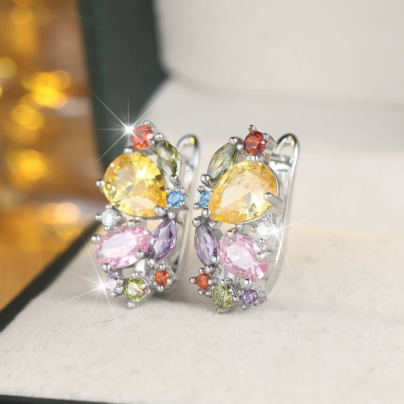 Geometric Clip Earrings For Women In Champagne Featuring Copper Studs And Zircon Inlay
