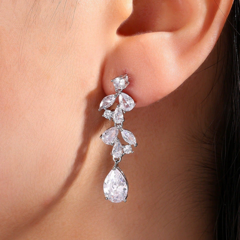Water Droplets Drop Earrings For Women Featuring Copper Studs And Rhinestone Inlay, Perfect For Wedding Season