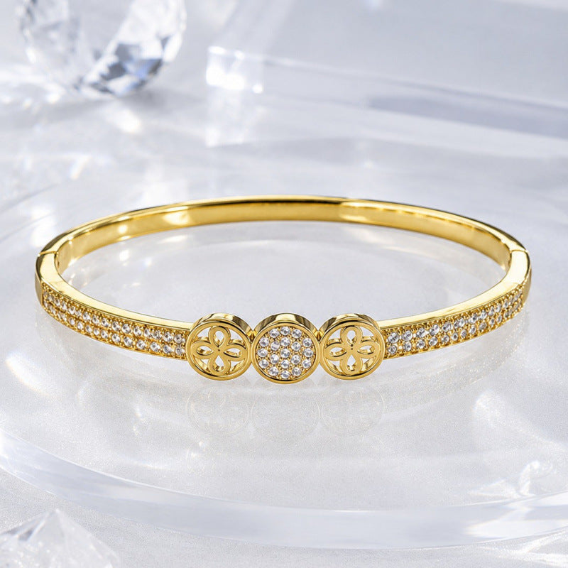 Geometric Copper Bangle With Zircon Inlay In Elegant Gold Finish