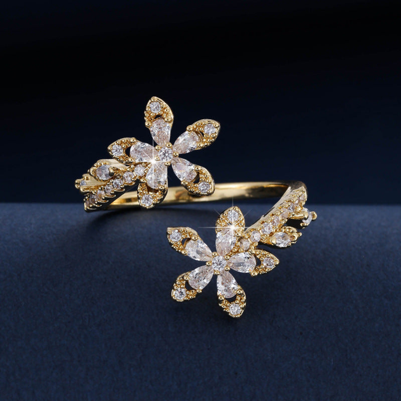 Elegant Flowers Open Ring For Women In Gold Copper With Zircon Inlay