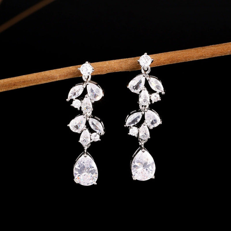 Water Droplets Drop Earrings For Women Featuring Copper Studs And Rhinestone Inlay, Perfect For Wedding Season