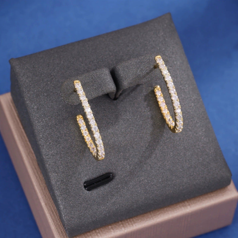 C Shape Earrings For Women In Gold Featuring Copper Studs And Rhinestone Inlay