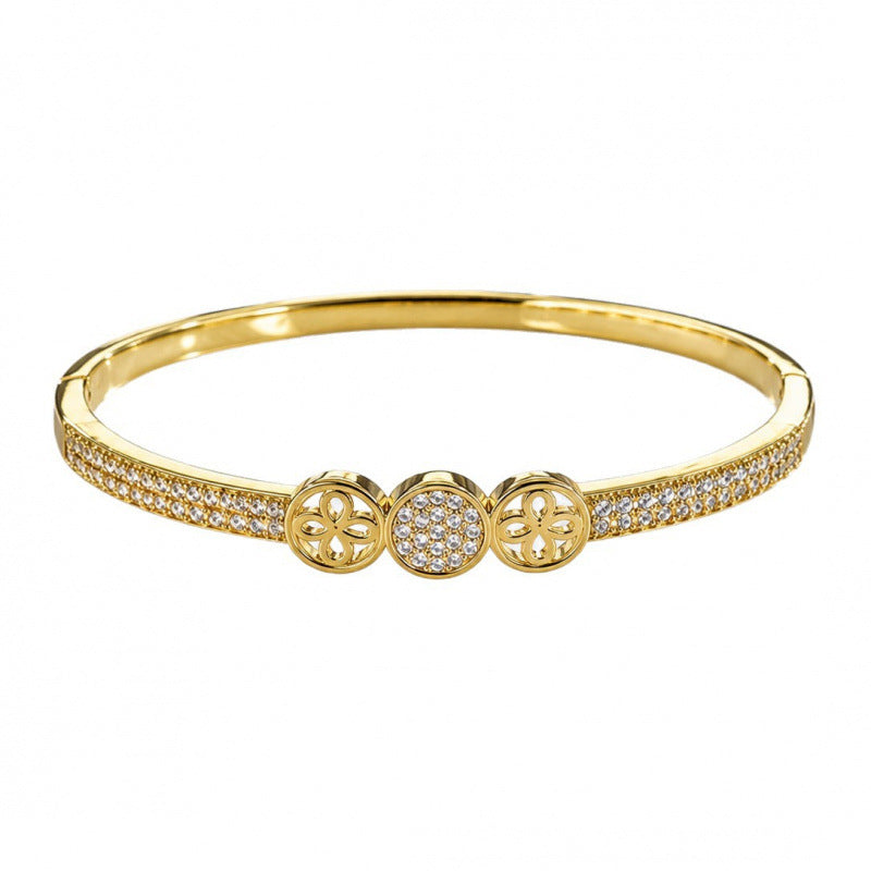 Geometric Copper Bangle With Zircon Inlay In Elegant Gold Finish