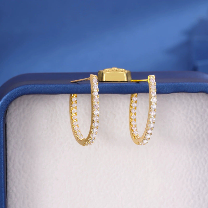 C Shape Earrings For Women In Gold Featuring Copper Studs And Rhinestone Inlay