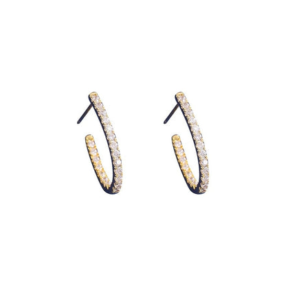 C Shape Earrings For Women In Gold Featuring Copper Studs And Rhinestone Inlay