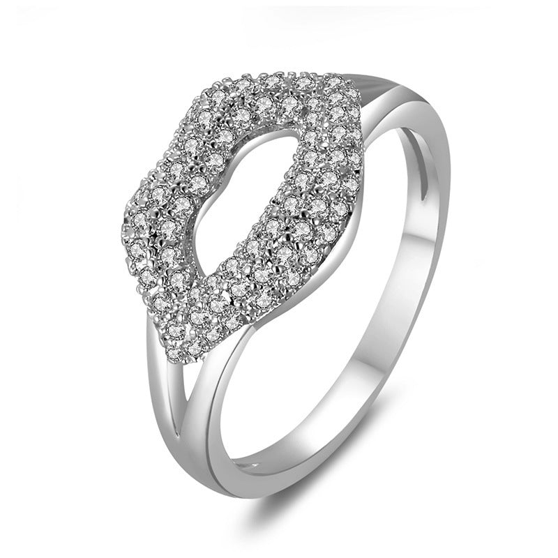 Women’s Lips Ring In Electroplated Copper With White Zircon Inlay, Stylish And Elegant Jewelry