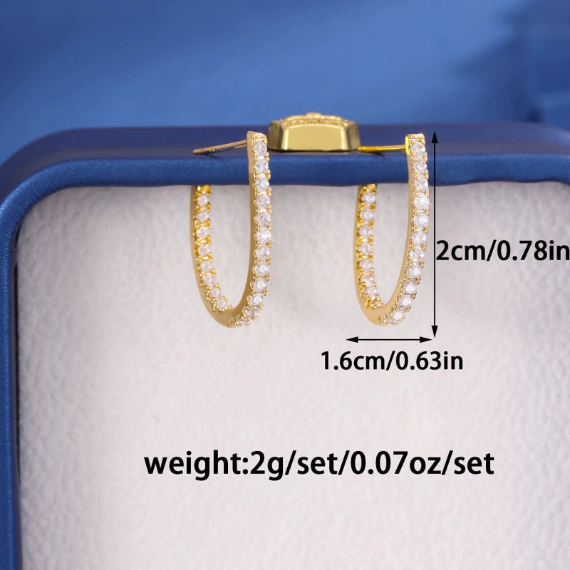C Shape Earrings For Women In Gold Featuring Copper Studs And Rhinestone Inlay