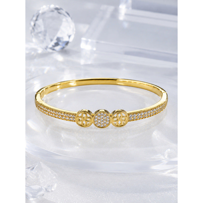 Geometric Copper Bangle With Zircon Inlay In Elegant Gold Finish