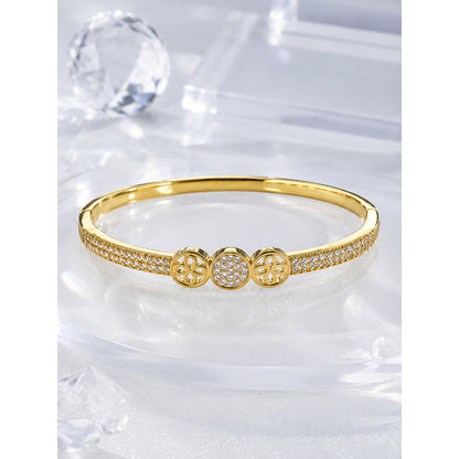Geometric Copper Bangle With Zircon Inlay In Elegant Gold Finish
