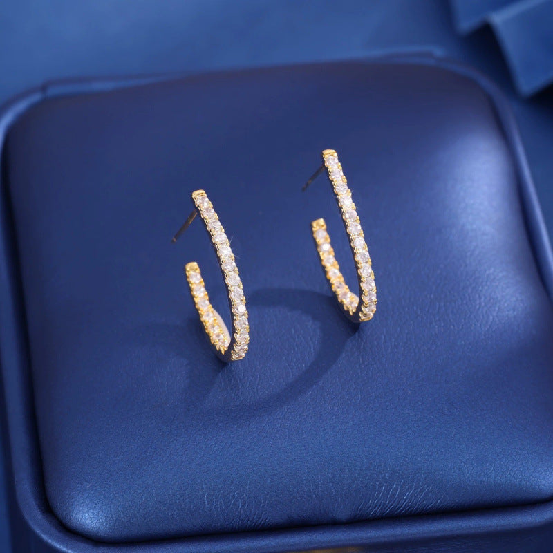 C Shape Earrings For Women In Gold Featuring Copper Studs And Rhinestone Inlay