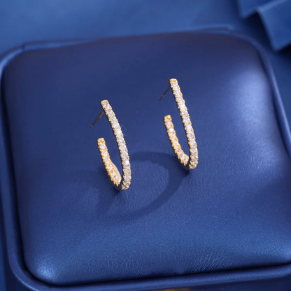 C Shape Earrings For Women In Gold Featuring Copper Studs And Rhinestone Inlay