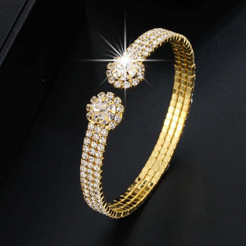 Simple Style Inlay Bangle With Zircon In Electroplated Copper, Featuring Stretch Adjustable Fit