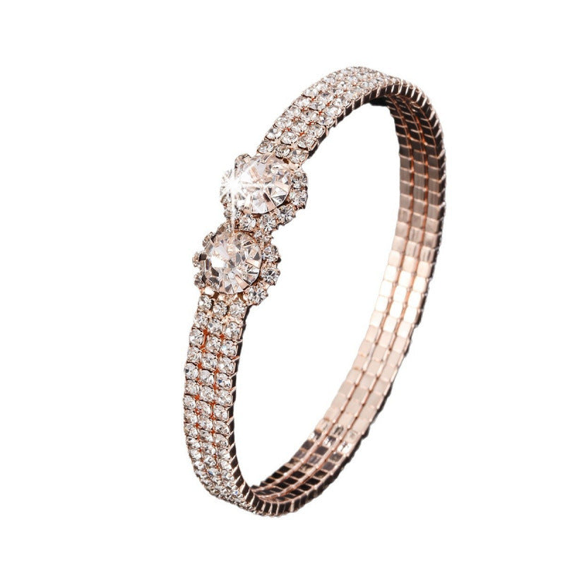 Simple Style Inlay Bangle With Zircon In Electroplated Copper, Featuring Stretch Adjustable Fit