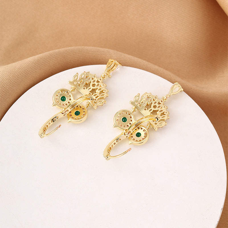 Owl Stud Earrings For Women In Electroplated Copper With Zircon Inlay