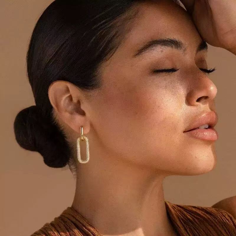 Geometric Earrings For Women With Copper Ear Pins And Electroplated Gold Plating Featuring Zircon Inlay