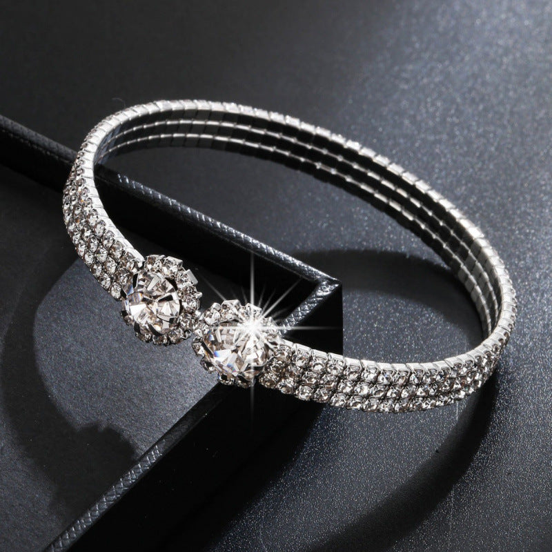 Simple Style Inlay Bangle With Zircon In Electroplated Copper, Featuring Stretch Adjustable Fit