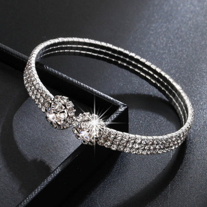 Simple Style Inlay Bangle With Zircon In Electroplated Copper, Featuring Stretch Adjustable Fit