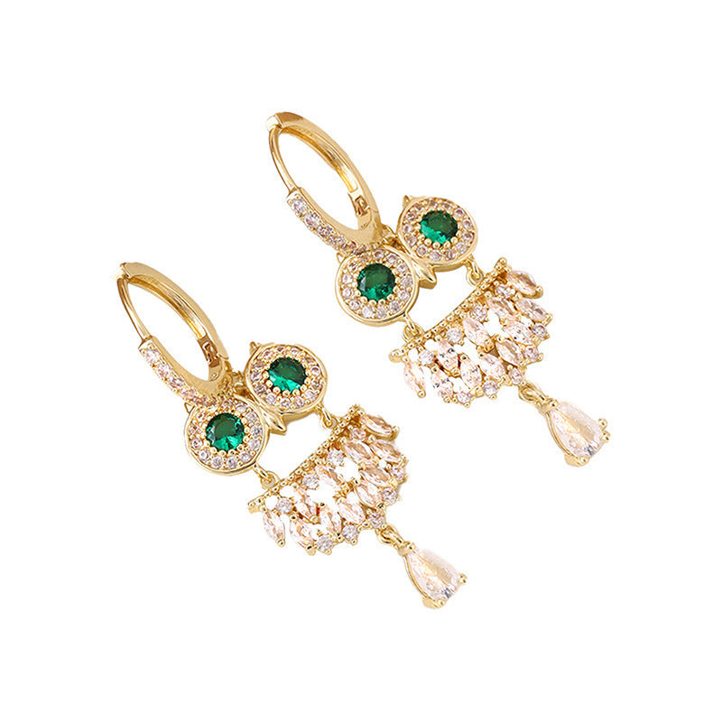 Owl Stud Earrings For Women In Electroplated Copper With Zircon Inlay