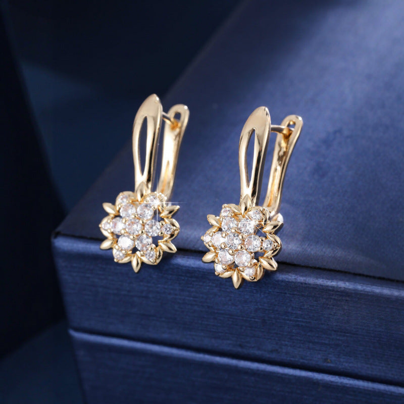 Three-dimensional Flowers Earrings For Women In Real Gold Plated Copper With Zircon Inlay