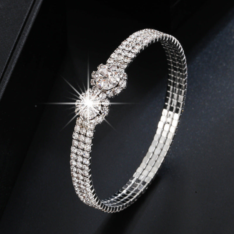 Simple Style Inlay Bangle With Zircon In Electroplated Copper, Featuring Stretch Adjustable Fit