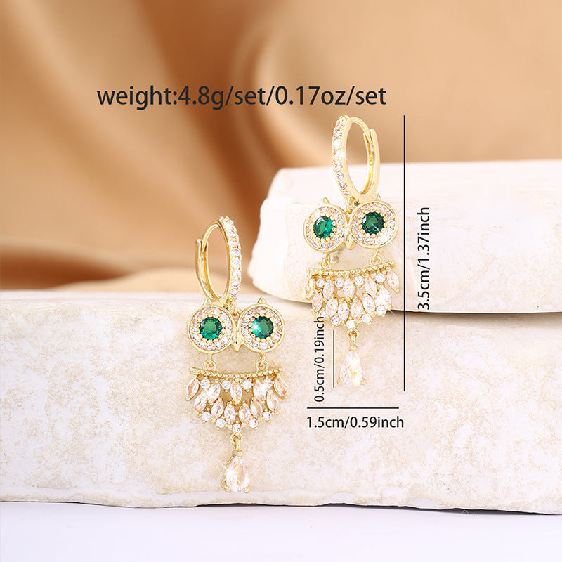 Owl Stud Earrings For Women In Electroplated Copper With Zircon Inlay