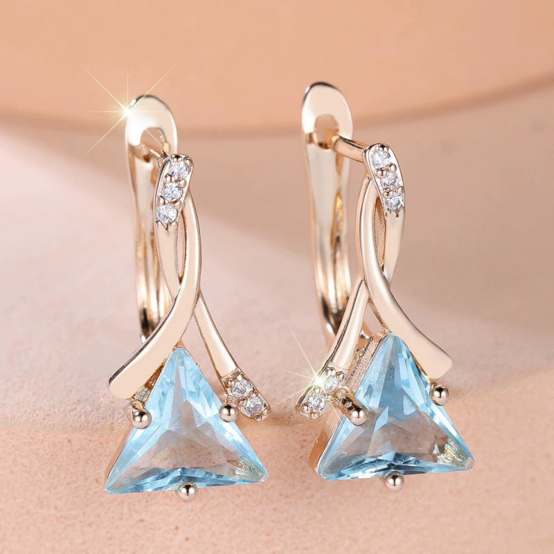 Square Stud Earrings For Women In Blue Featuring Copper Ear Pins And Zircon Inlay
