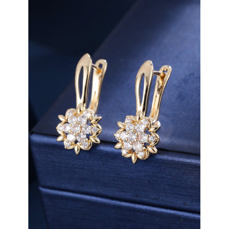 Three-dimensional Flowers Earrings For Women In Real Gold Plated Copper With Zircon Inlay