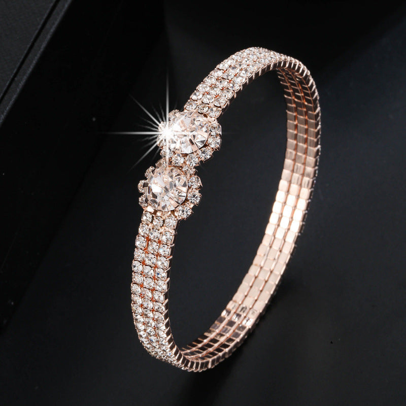 Simple Style Inlay Bangle With Zircon In Electroplated Copper, Featuring Stretch Adjustable Fit