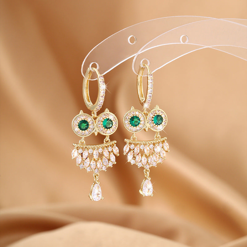 Owl Stud Earrings For Women In Electroplated Copper With Zircon Inlay