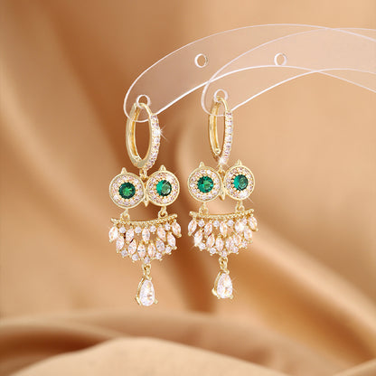 Owl Stud Earrings For Women In Electroplated Copper With Zircon Inlay
