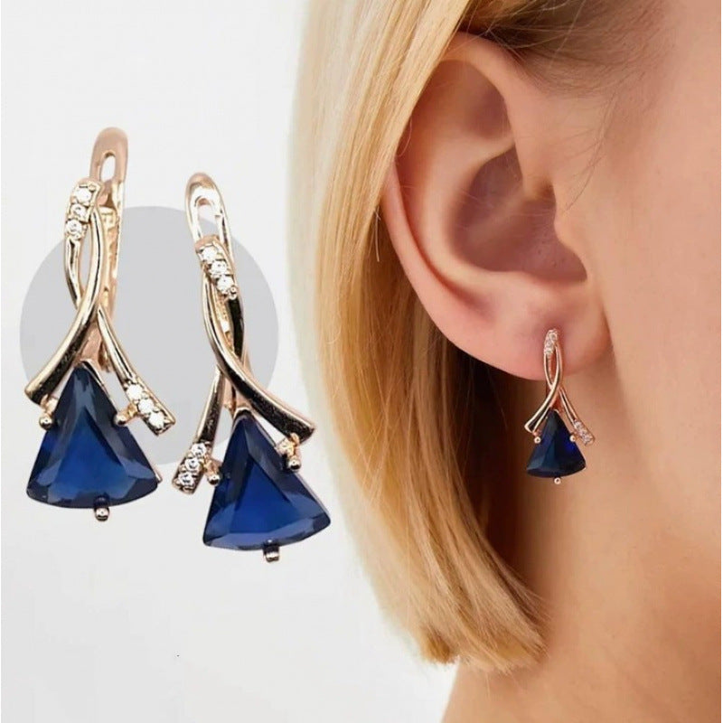 Square Stud Earrings For Women In Blue Featuring Copper Ear Pins And Zircon Inlay