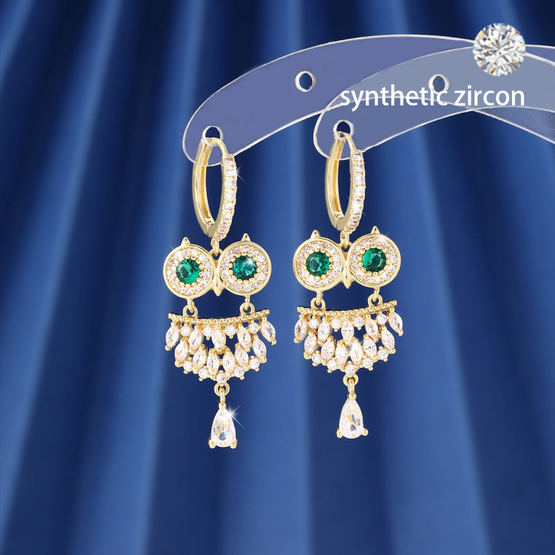 Owl Stud Earrings For Women In Electroplated Copper With Zircon Inlay