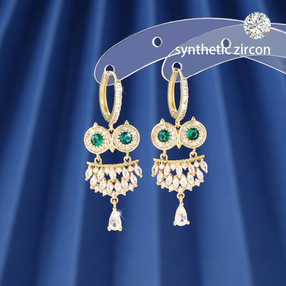 Owl Stud Earrings For Women In Electroplated Copper With Zircon Inlay