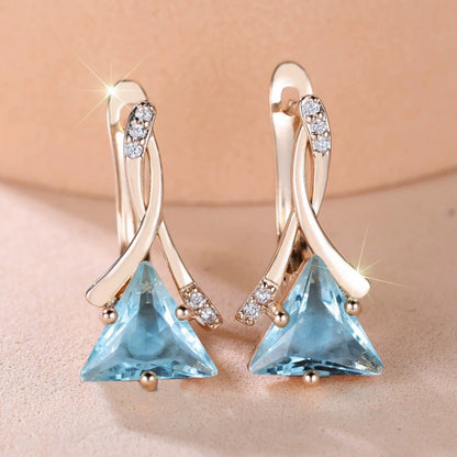 Square Stud Earrings For Women In Blue Featuring Copper Ear Pins And Zircon Inlay