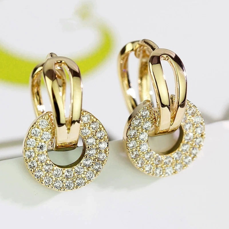 Round Gold Hoop Earrings For Women In With Bezel Setting And Zircon Inlay, Crafted From Copper