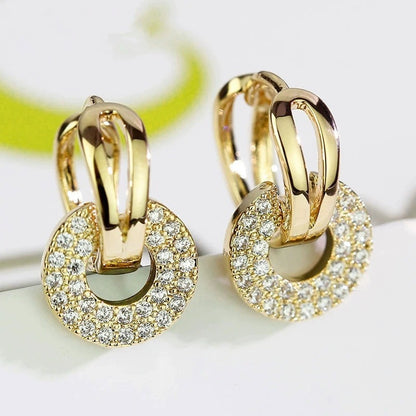 Round Gold Hoop Earrings For Women In With Bezel Setting And Zircon Inlay, Crafted From Copper