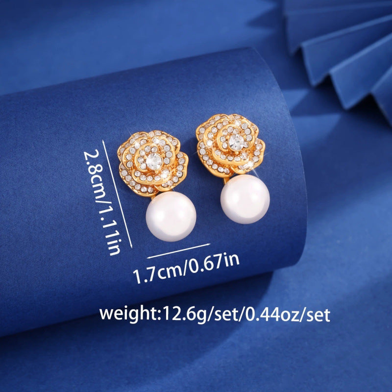 Flowers Stud Earrings For Women Featuring Electroplated Finish With Copper Ear Pins And Rhinestone Inlay