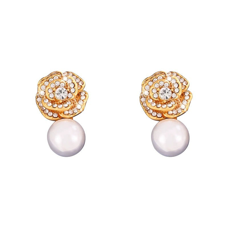 Flowers Stud Earrings For Women Featuring Electroplated Finish With Copper Ear Pins And Rhinestone Inlay