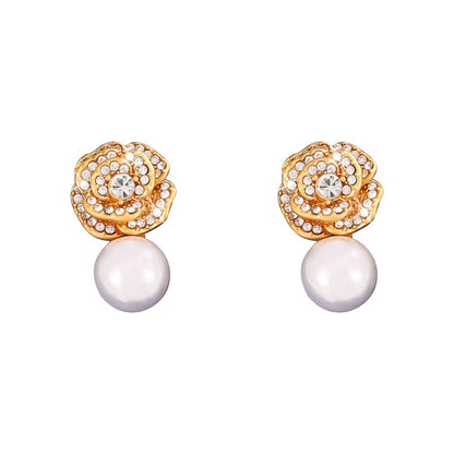 Flowers Stud Earrings For Women Featuring Electroplated Finish With Copper Ear Pins And Rhinestone Inlay