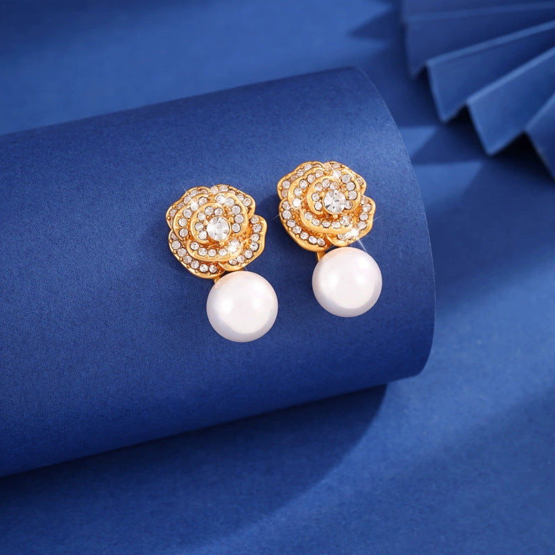 Flowers Stud Earrings For Women Featuring Electroplated Finish With Copper Ear Pins And Rhinestone Inlay