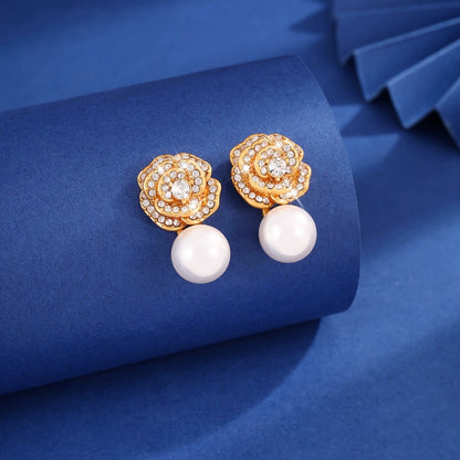 Flowers Stud Earrings For Women Featuring Electroplated Finish With Copper Ear Pins And Rhinestone Inlay
