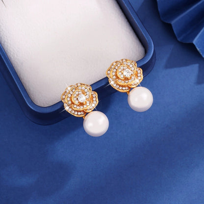 Flowers Stud Earrings For Women Featuring Electroplated Finish With Copper Ear Pins And Rhinestone Inlay