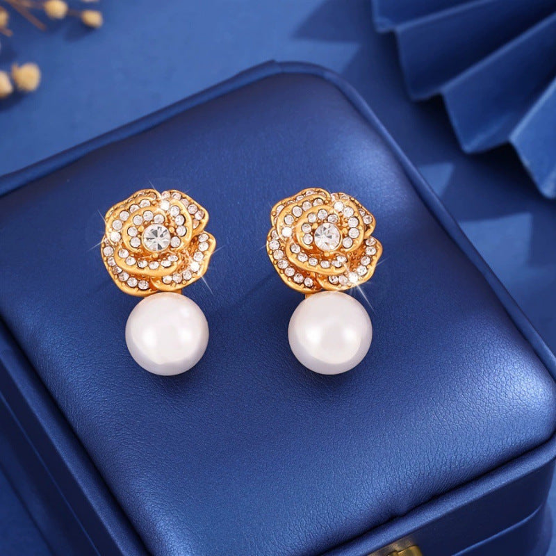 Flowers Stud Earrings For Women Featuring Electroplated Finish With Copper Ear Pins And Rhinestone Inlay