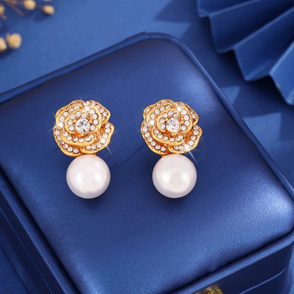Flowers Stud Earrings For Women Featuring Electroplated Finish With Copper Ear Pins And Rhinestone Inlay