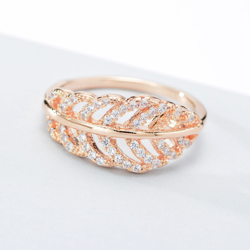 Leaf Open Ring For Women In Electroplated Copper With Rhinestone Inlay