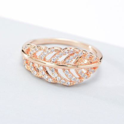 Leaf Open Ring For Women In Electroplated Copper With Rhinestone Inlay