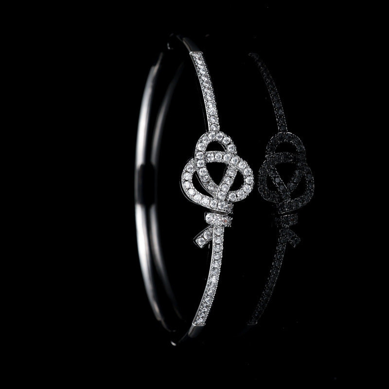 Knot Inlay Bangle In Copper With Zircon Stones, Electroplated Gold Plating For Elegant Wear